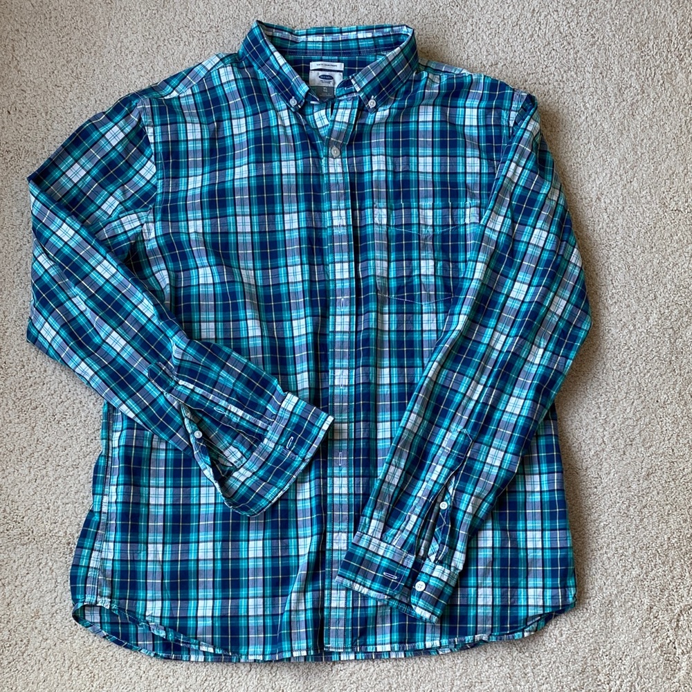 Old Navy Teal and Blue Plaid Button-Down Shirt
